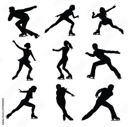 Collection of black and white figure skate silhouettes isolated on white background
