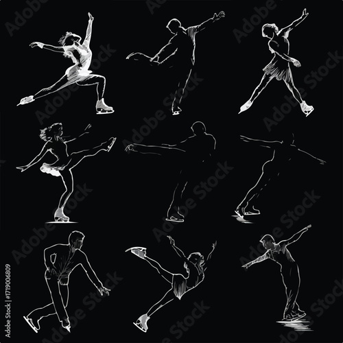 Collection of diverse figure skate silhouettes in black and white isolated on white background