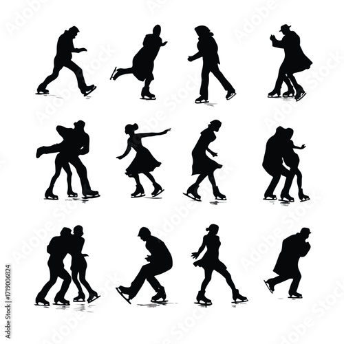Collection of diverse figure skate silhouettes in black and white isolated on white background