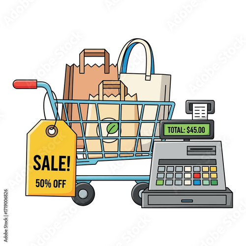 Shopping cart with bags and sale tag near cash register offering 50 percent off