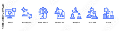 Project Coordination web banner icon vector illustration featuring Software, Control System, Project Manager, Subcontracting, Coordination, Labour Union, and Industry.