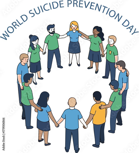 Group of people holding hands in a circle for world suicide prevention day unity and support concept