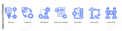 Business Planning web banner icon vector illustration featuring Planning, Component, Management, Project Documentation, Project Plan, Construction, and Project Team.