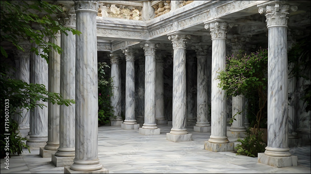 Obraz premium Tall marble Roman house pillars in courtyard
