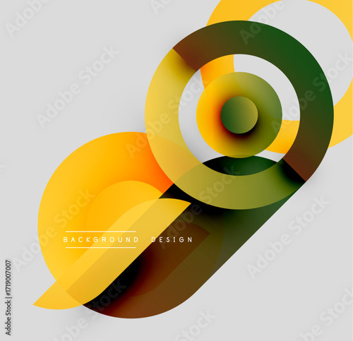 Abstract design features overlapping circles, gradients. Yellows, greens create dynamic visual effect. Modern, minimalist style.