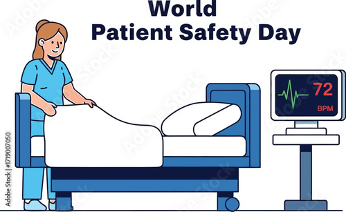 A nurse is preparing a bed for a patient world patient safety day monitor showing vital signs