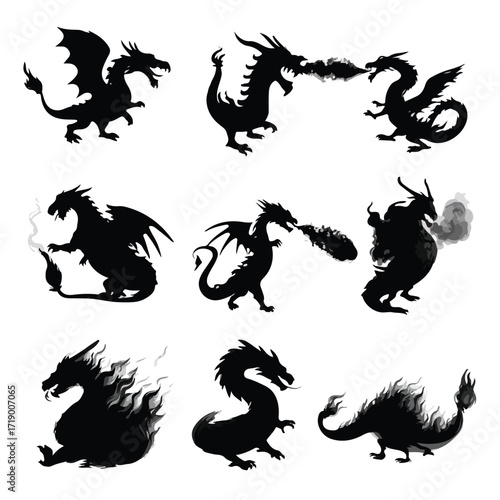 Collection of fire breathing dragon silhouettes in black and white isolated on white background