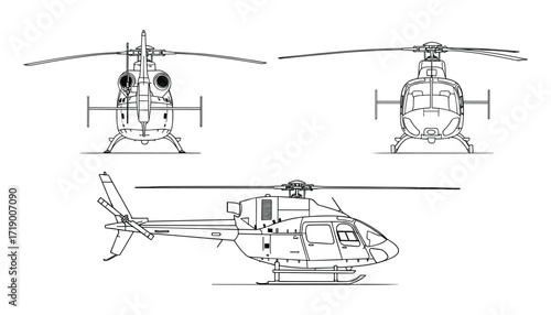 Helicopter Blueprint Vector Illustration with Front and Side View