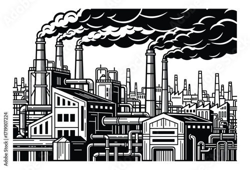 Industrial Plant Illustration with Pollution and Smoke, Black and White