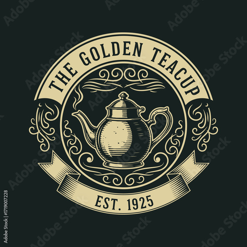 Vintage teacup logo design with a stylized tea pot in the center, surrounded by ornate flourishes and a ribbon banner.