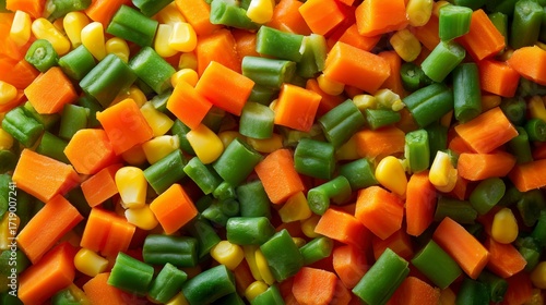 Top-down view of mixed diced carrots, corn kernels, and chopped green beans, natural lighting, high detail food photography, fresh vegetable background