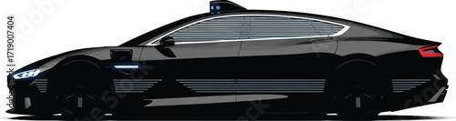 Sleek black autonomous vehicle showcasing futuristic design and advanced technology on white background