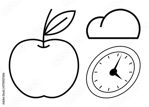 Apple with leaf, analog clock with hands, and cloud in simple line art. Ideal for time, health, weather, minimalism, productivity education planning. Simple flat metaphor