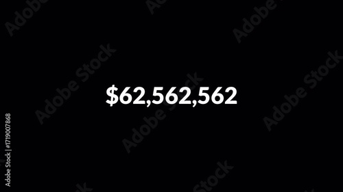 Dollar counter animation from 0 to 100,000000 numbers on a transparent background, Animated Dollar Numbers from zero to hundred million with alpha channel, USD counting animation ten crore in 4k.