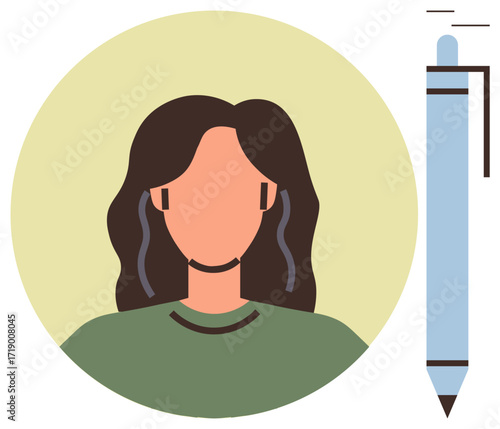 Profile of a woman with long hair beside a pen, representing creativity, writing, learning, education, individuality, self-expression, and professional work. Ideal for content creation simple flat