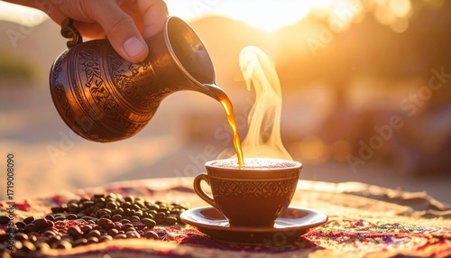 Traditional Arabic coffee poured from dallah pot at sunrise, steaming hot cup on rustic table
