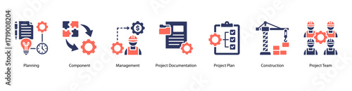 Business Planning web banner icon vector illustration featuring Planning, Component, Management, Project Documentation, Project Plan, Construction, and Project Team.