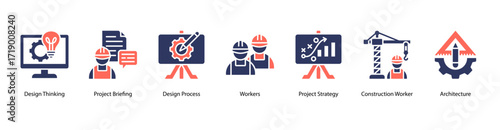 Creative Development web banner icon vector illustration featuring Design Thinking, Project Briefing, Design Process, Workers, Project Strategy, Construction Worker, and Architecture.
