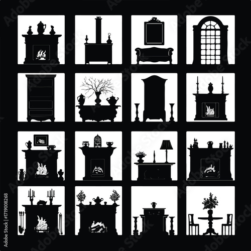 Collection of diverse fireplace silhouettes for design projects isolated on white background