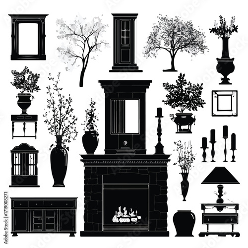 Collection of black and white fireplace silhouettes isolated on white background