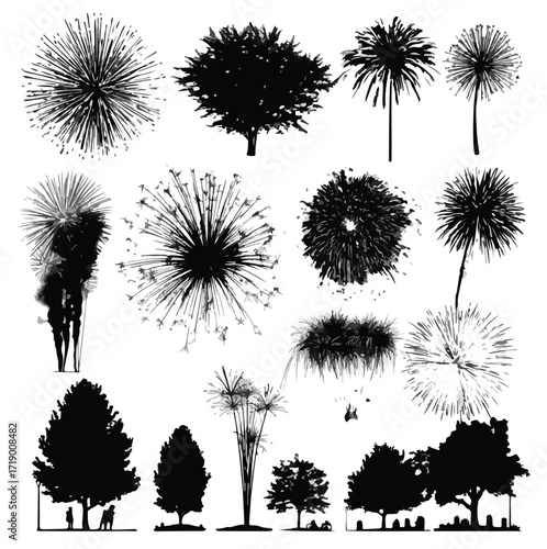 Collection of diverse fireworks silhouettes for celebrations and events isolated on white background