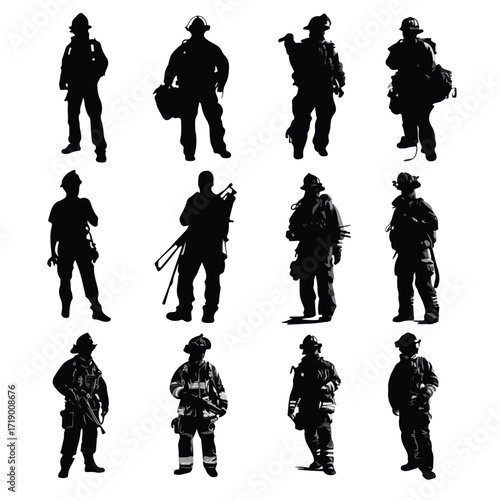 Collection of first responder silhouettes in black and white isolated on white background