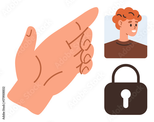 Hand pointing to a photo and lock, emphasizing security, identity, authentication, user, control, access. Ideal for technology privacy biometrics cybersecurity data access account safety. A
