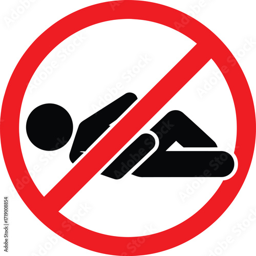Prohibition sign depicting a person lying down, indicating a restriction against this action.