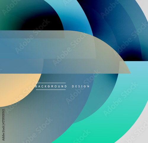 Abstract layers overlap, creating soft color gradients. Modern design features muted blues, greens, gold tones. Minimalist aesthetic.