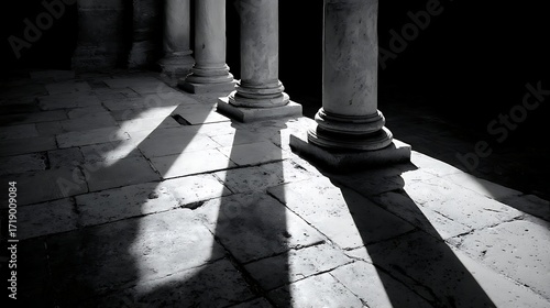 Roman house pillars casting shadows on stone floor