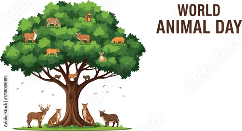 World animal day illustration with animals a tree concept for environment, nature, and wildlife conservation