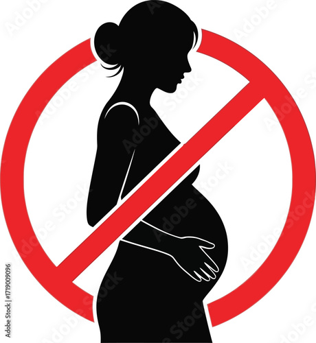 Red circle prohibiting pregnant woman silhouette.
