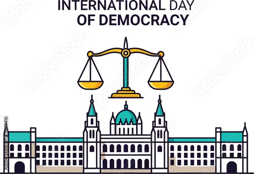 Illustration of the international day of democracy scales of justice in front of a government building