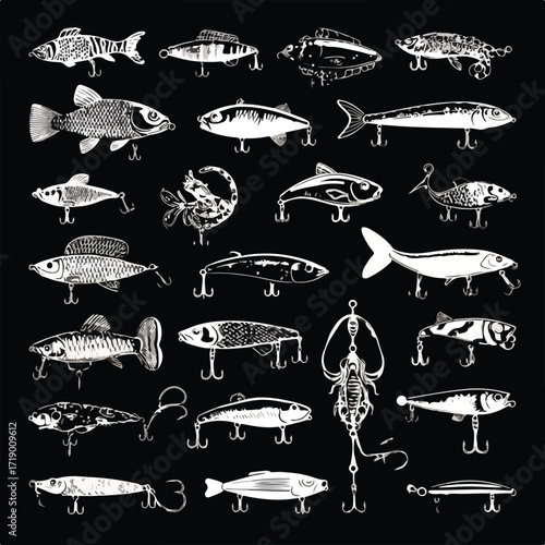 Collection of fishing lure silhouettes for angling and outdoor recreation isolated on white background