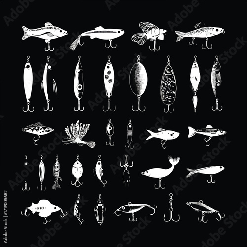 Collection of diverse fishing lure silhouettes in black and white isolated on white background