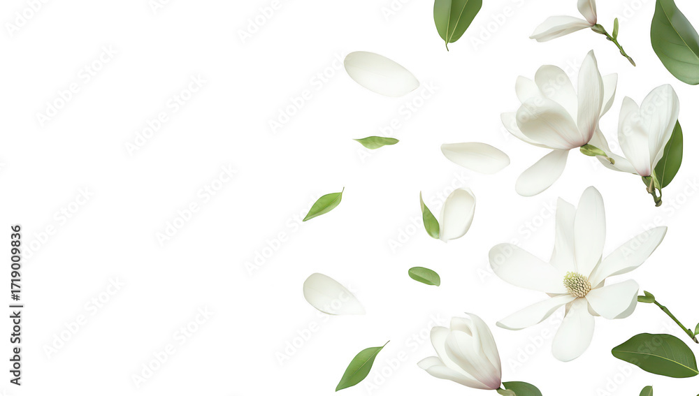 Obraz premium A serene arrangement of white magnolia flowers and scattered petals on a clean white background. creating a tranquil and elegant atmosphere. perfect for spring-themed designs or floral d?cor