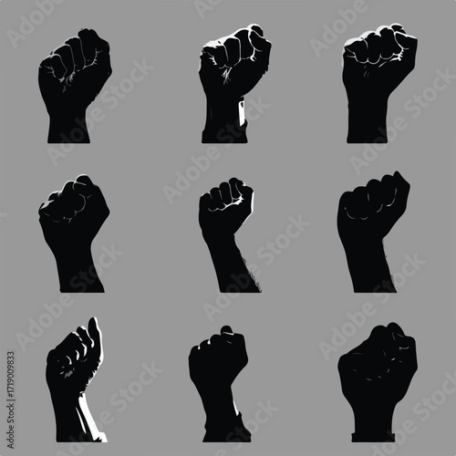 Collection of diverse fist gestures silhouette set isolated on white background