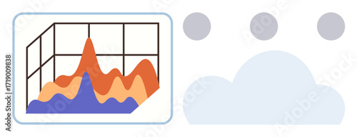 Line graph displays fluctuating data trends beside cloud and dots, symbolizing cloud computing, analysis, and storage. Ideal for data analysis, cloud storage, technology, forecasting, presentation