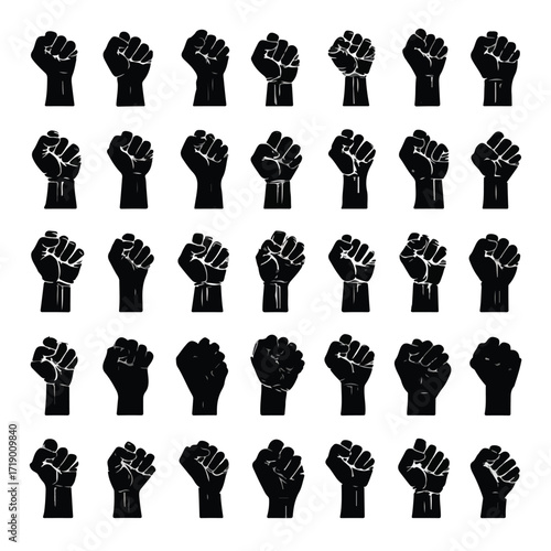Collection of diverse fist gestures in silhouette style isolated on white background