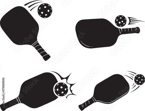 Four pickleball racket and ball action silhouettes