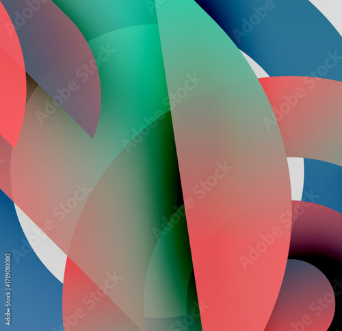Abstract shapes overlap, creating vibrant color blends. Smooth gradients define flowing forms, evoking dynamic movement.