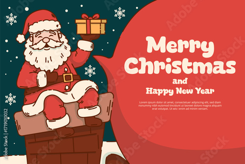 Cute Merry Christmas and Happy New Year Card Featuring Santa Claus Holding a Present. Vector Illustration