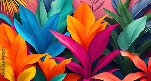 Wallpaper Mural Vibrant Tropical Leaf Pattern with Bold Colors – Exotic Botanical Design, Fantasy Jungle Art, High-Resolution Digital Painting Torontodigital.ca