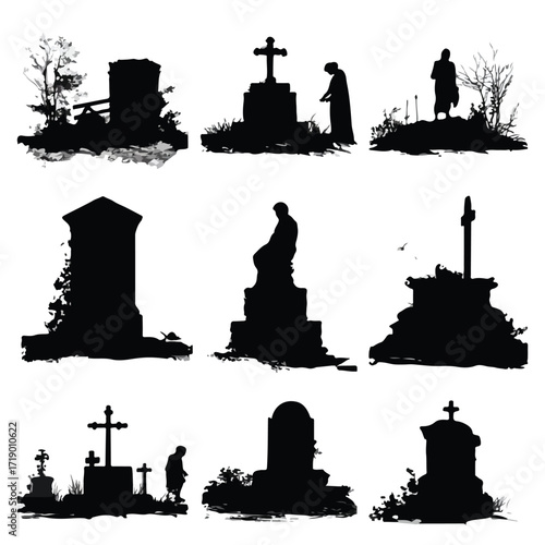 Collection of diverse gravestone silhouettes for halloween and gothic designs isolated on white background