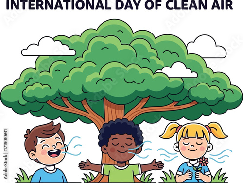 Celebrating international day of clean air with children breathing fresh air under a tree
