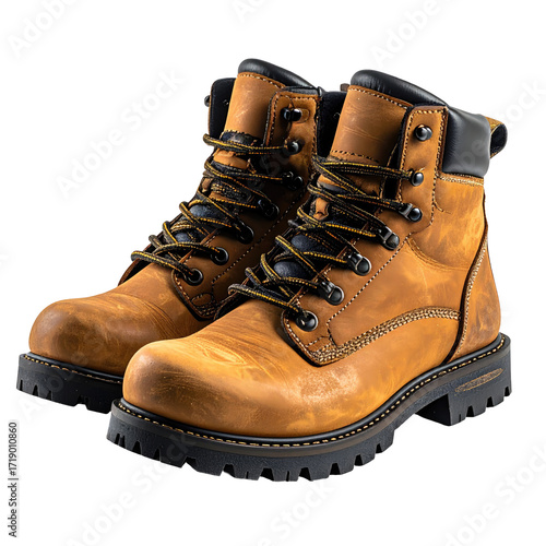 Tan leather work boots, close-up