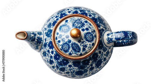 Top-down view of a decorative teapot.  Ornate blue and white design