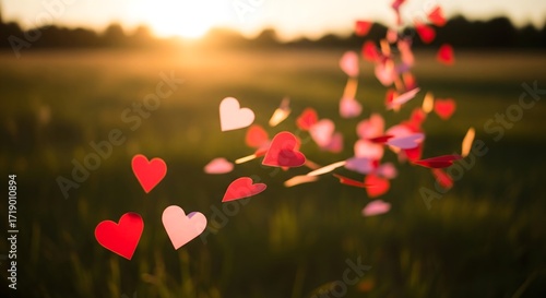 Beautiful Hearts Fluttering in the Golden Sunset Field