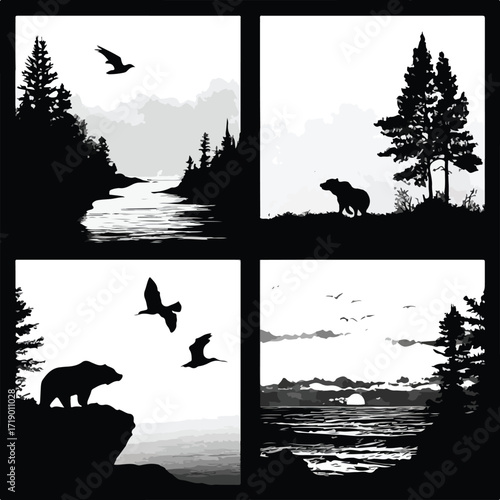 Collection of great lakes geographical region silhouettes in black and white isolated on white background