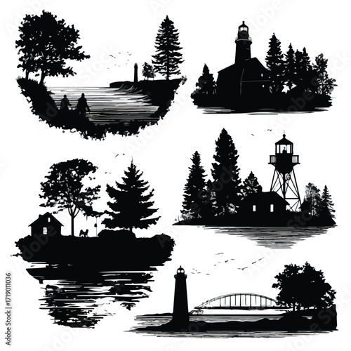 Collection of great lakes silhouettes in black and white isolated on white background